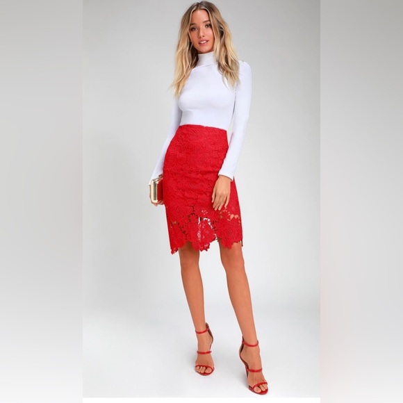 Burgundy Lace High Low Pencil Skirt - Picture 1 of 5